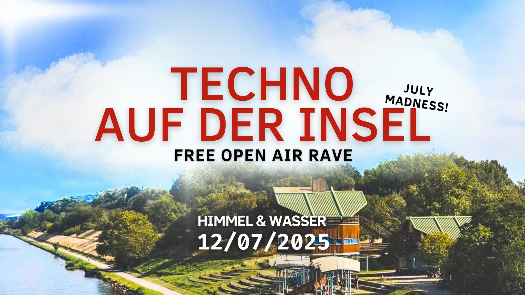 blauer Himmel, Insel und Eventtitel Aufschrift