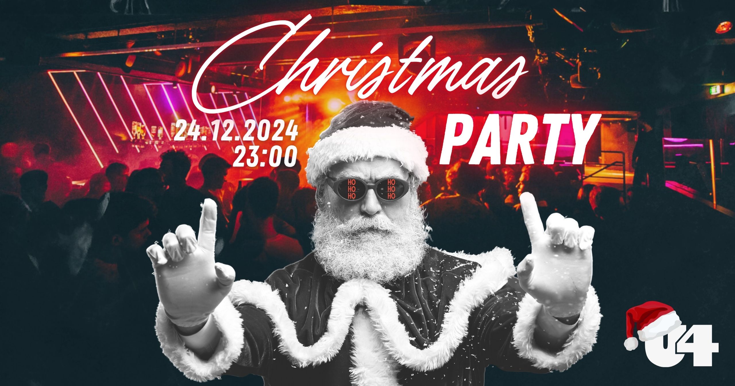 Weihnachtsmann mit Sonnenbrille und Eventinfos